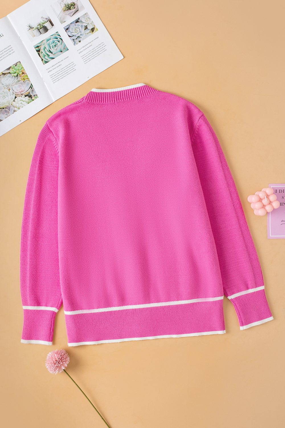 Bright Pink Color Contrast Side Pockets Button V Neck Cardigan