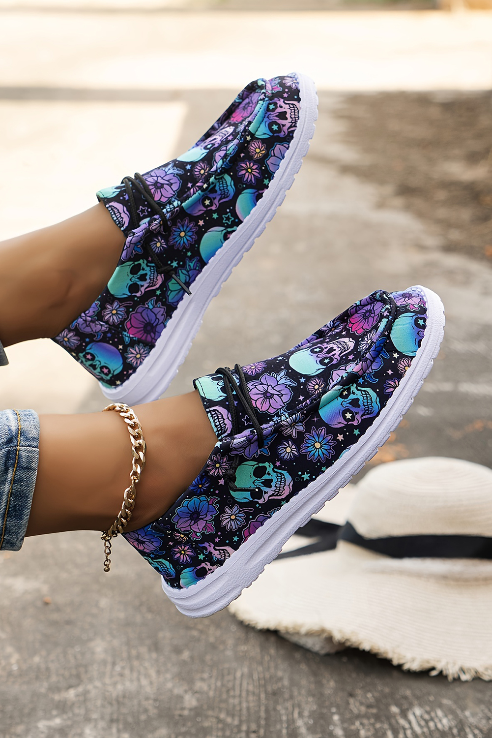 Dark Blue Sugar Skull Print Lace-up Detail Halloween Flat Shoes