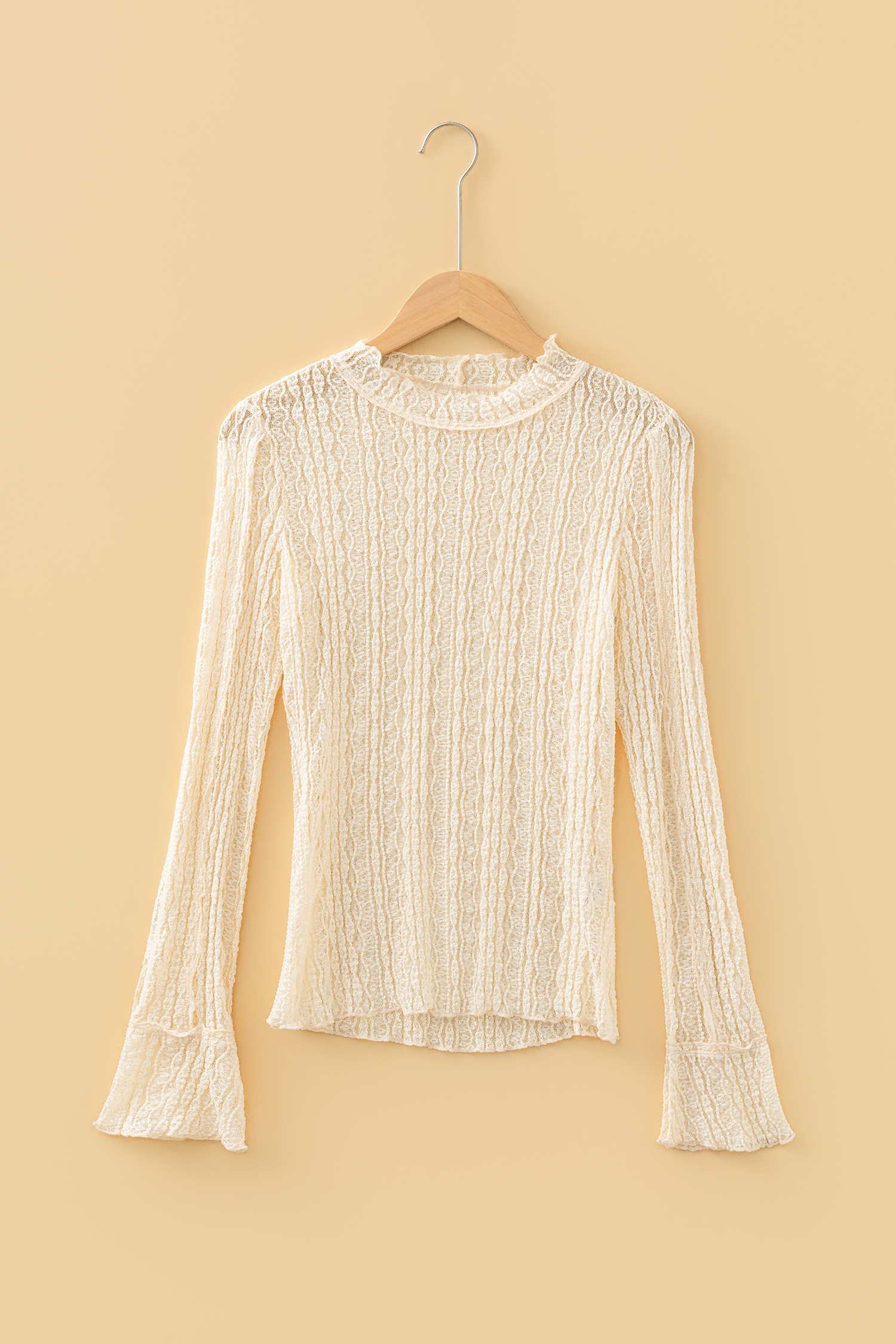 Apricot Flounced Long Sleeve Mock Neck Sheer Lace Top