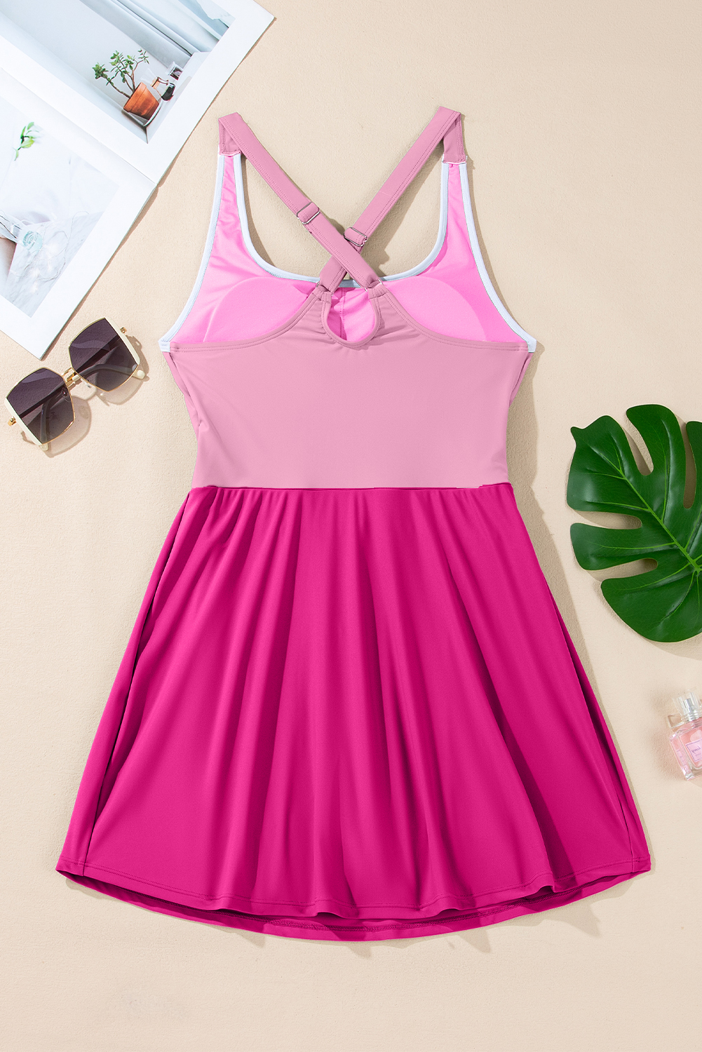 Bright Pink Contrast Edge Ruffled High Waist One Piece Swim Dress