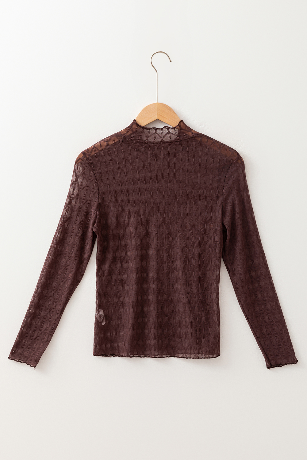 Coffee Sheer Mesh Patterned Lettuce Trim Slim Long Sleeve Top