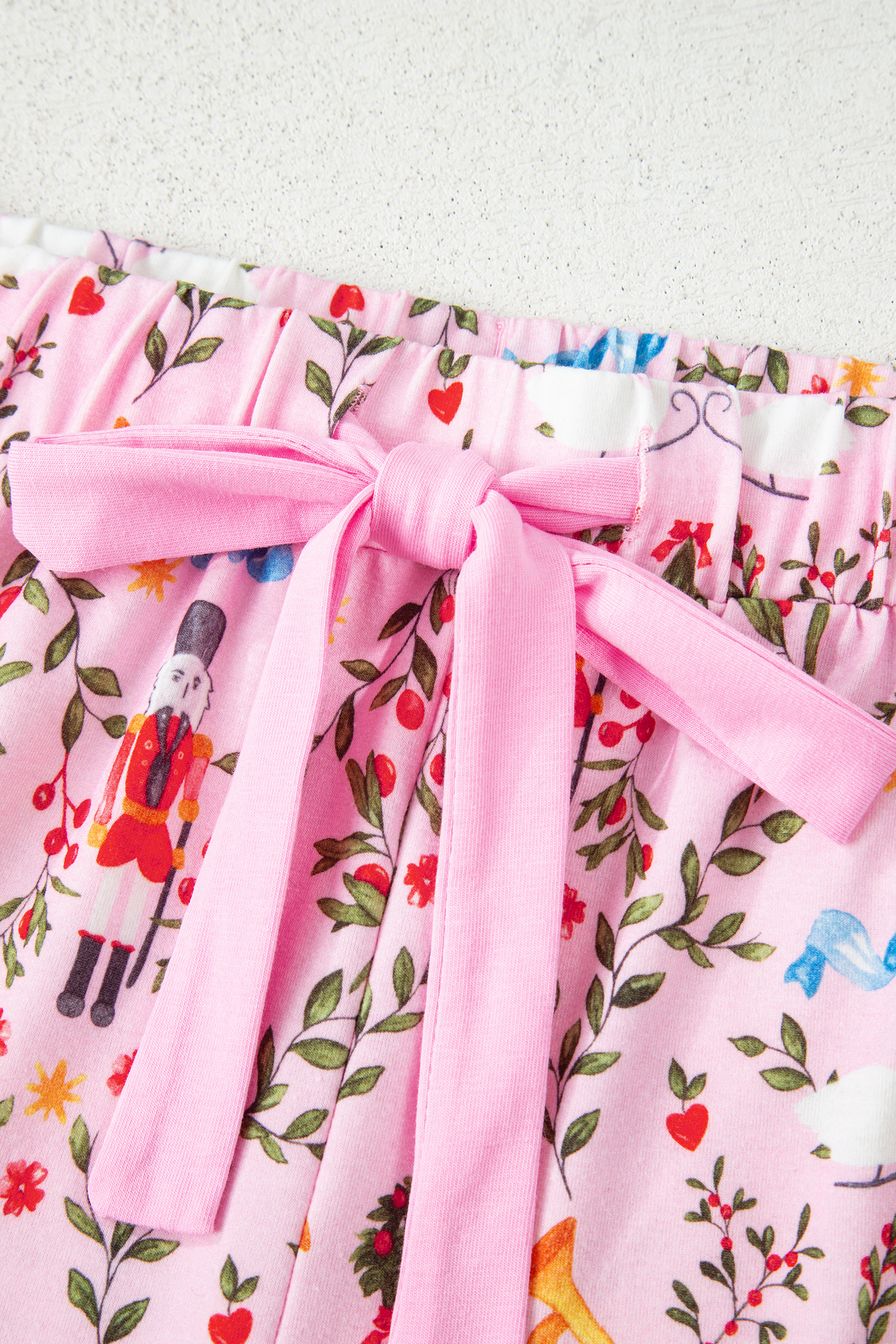 Pink Nutcracker Doll Christmas Print Ribbon Tie Waist Short 2pcs Pajama Set