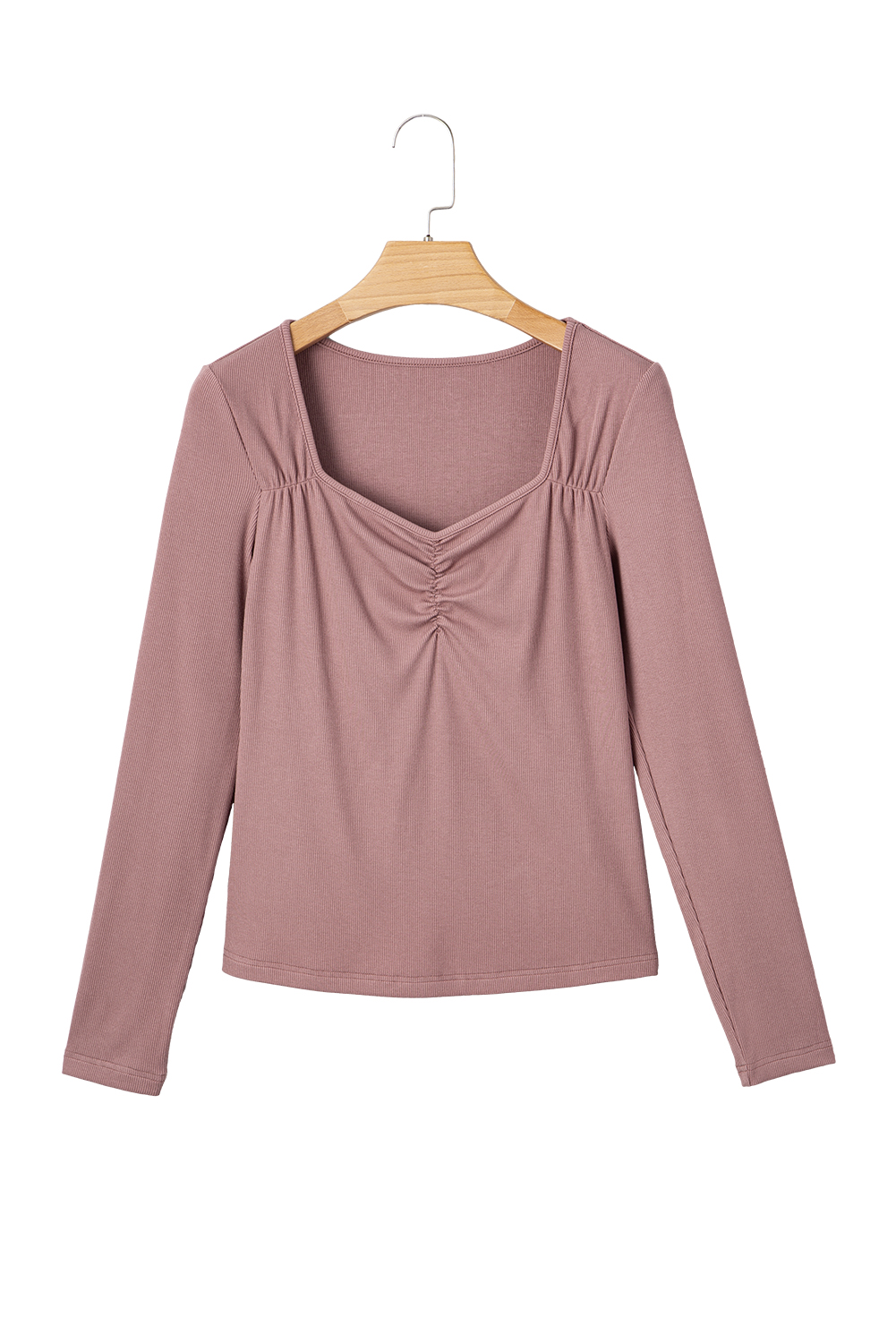 Burgundy Gathered Bust Square Neck Ribbed Fit Long Sleeve Top