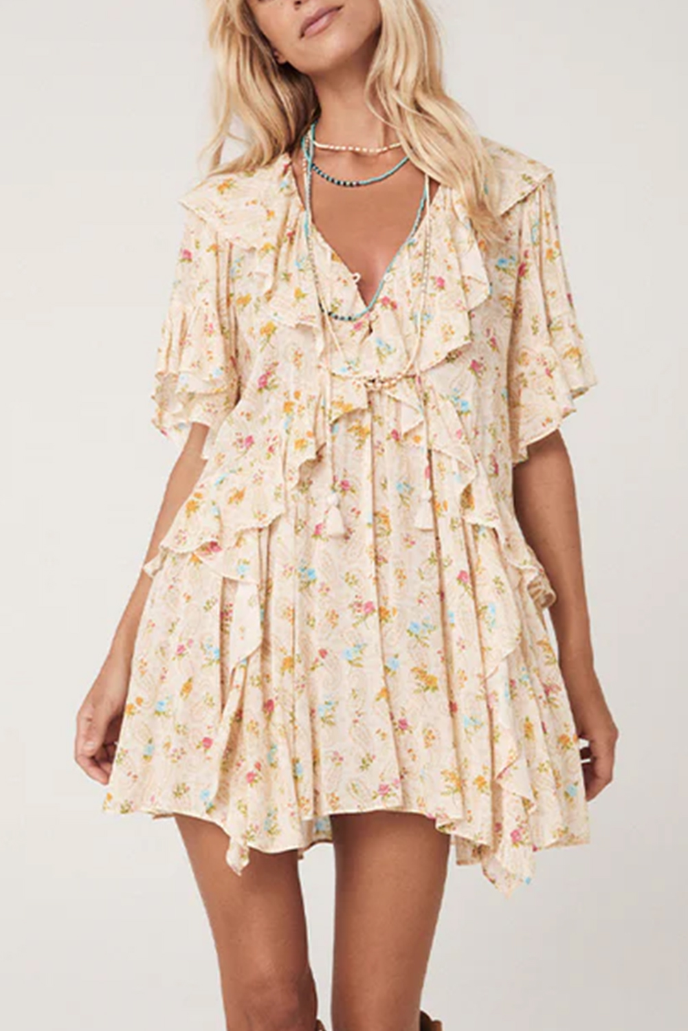 Apricot Boho Floral Tassel Tie V Neck Ruffle Wide Sleeve Mini Dress