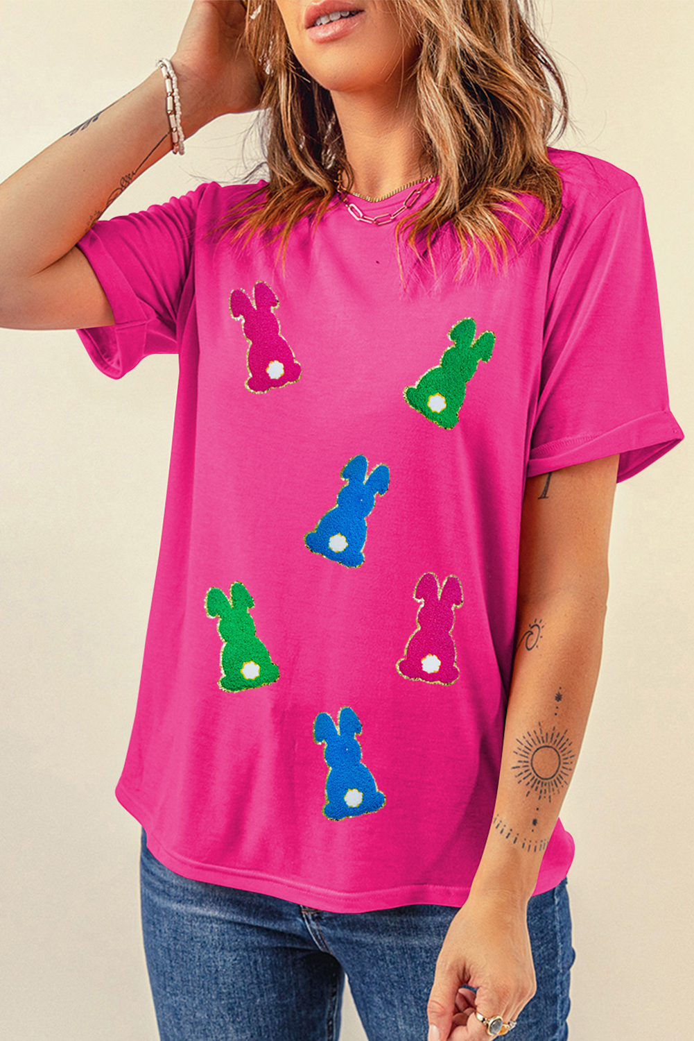 Rose Red Easter Rabbit Chenille Patched Pattern Crew Neck Tee