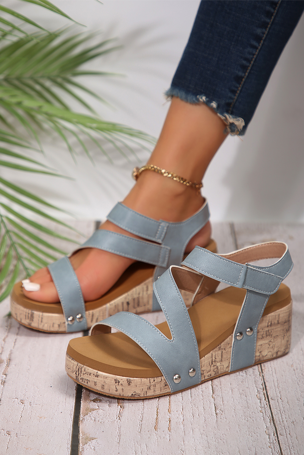 Light Blue Hollow Out Velcro Leather Wedge Sandals
