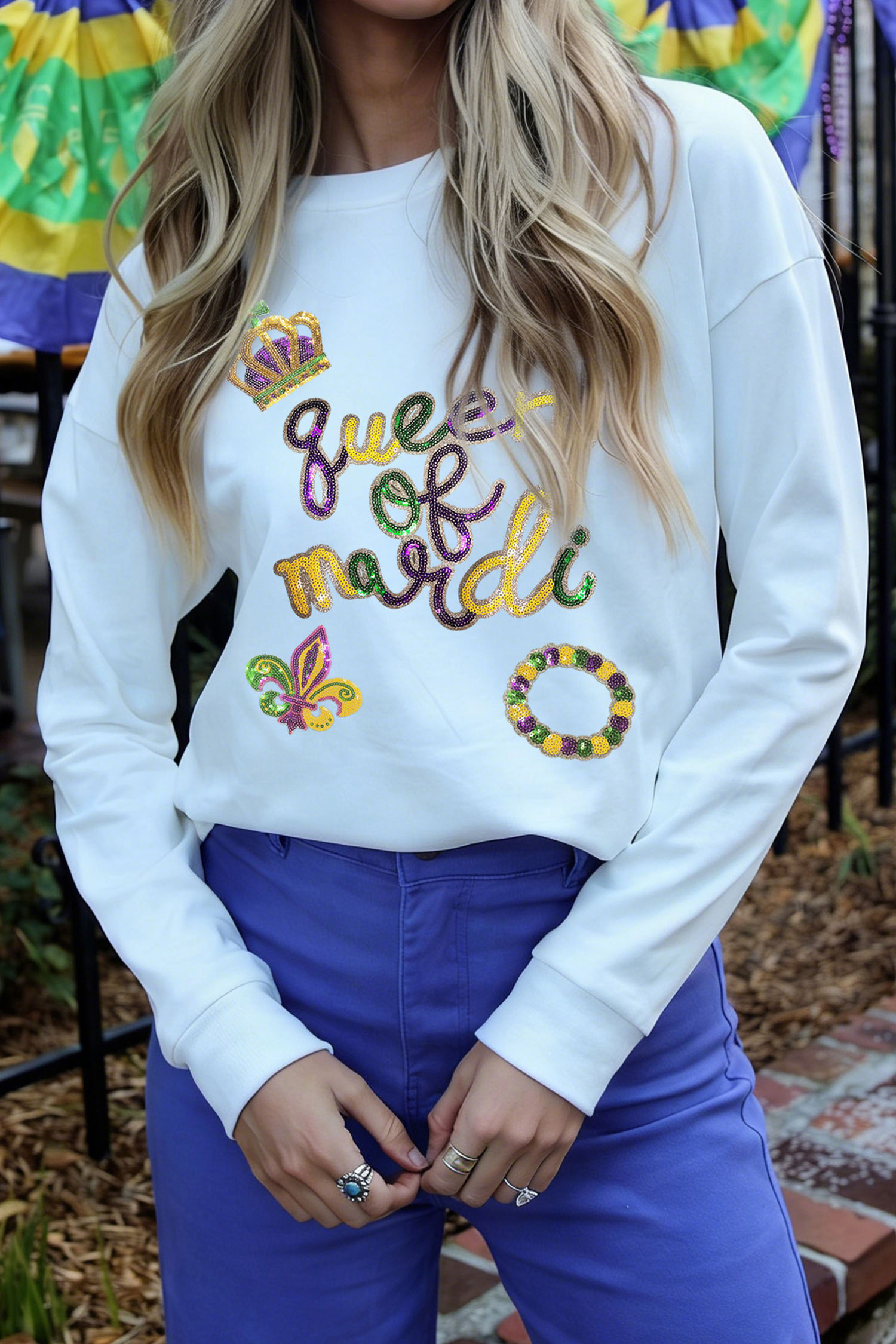 White LUCKY Clover Embroidered Long Sleeve Top