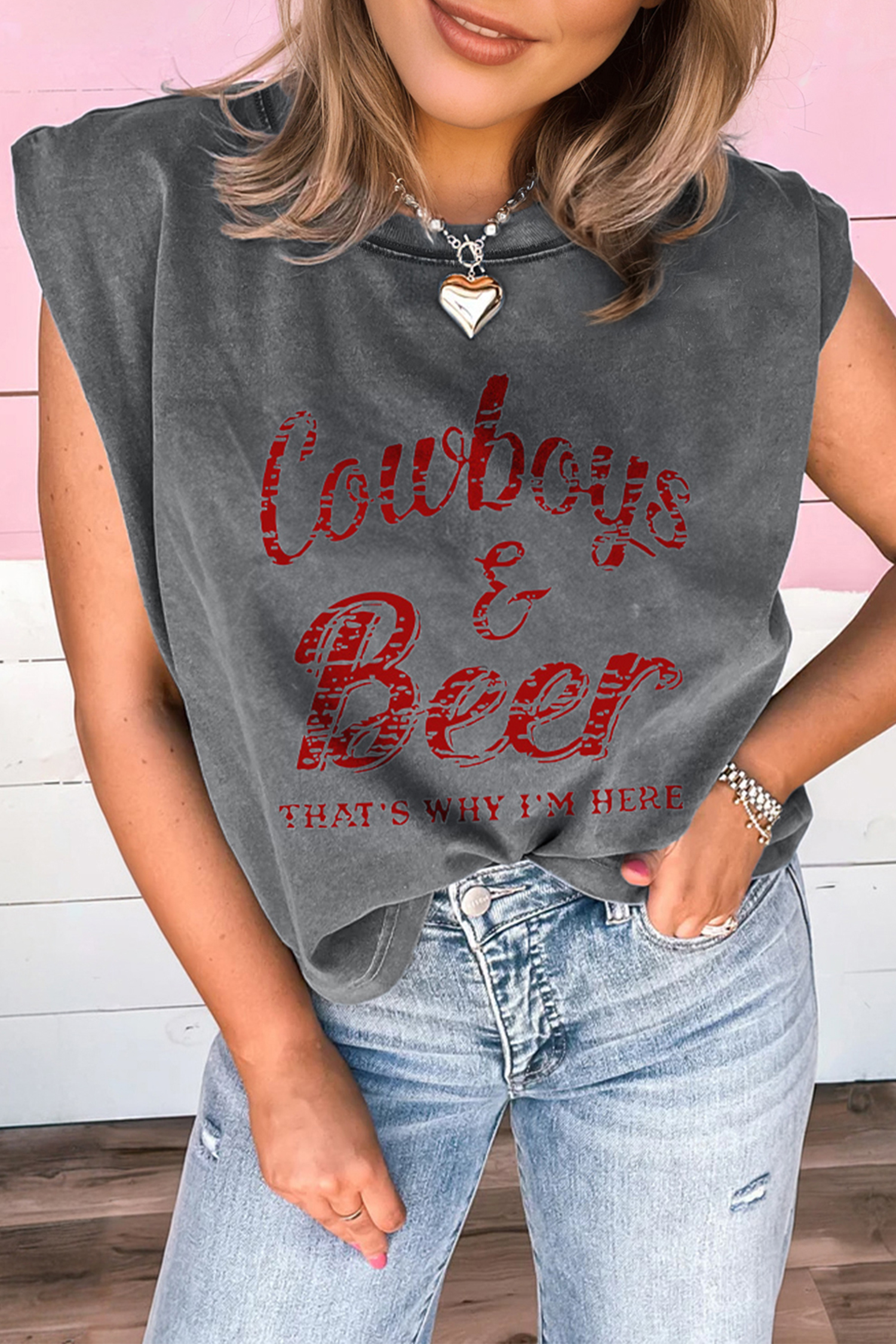 Smoke Gray Cowboy & Beer Western Graphic Mineral Wash Tank Top