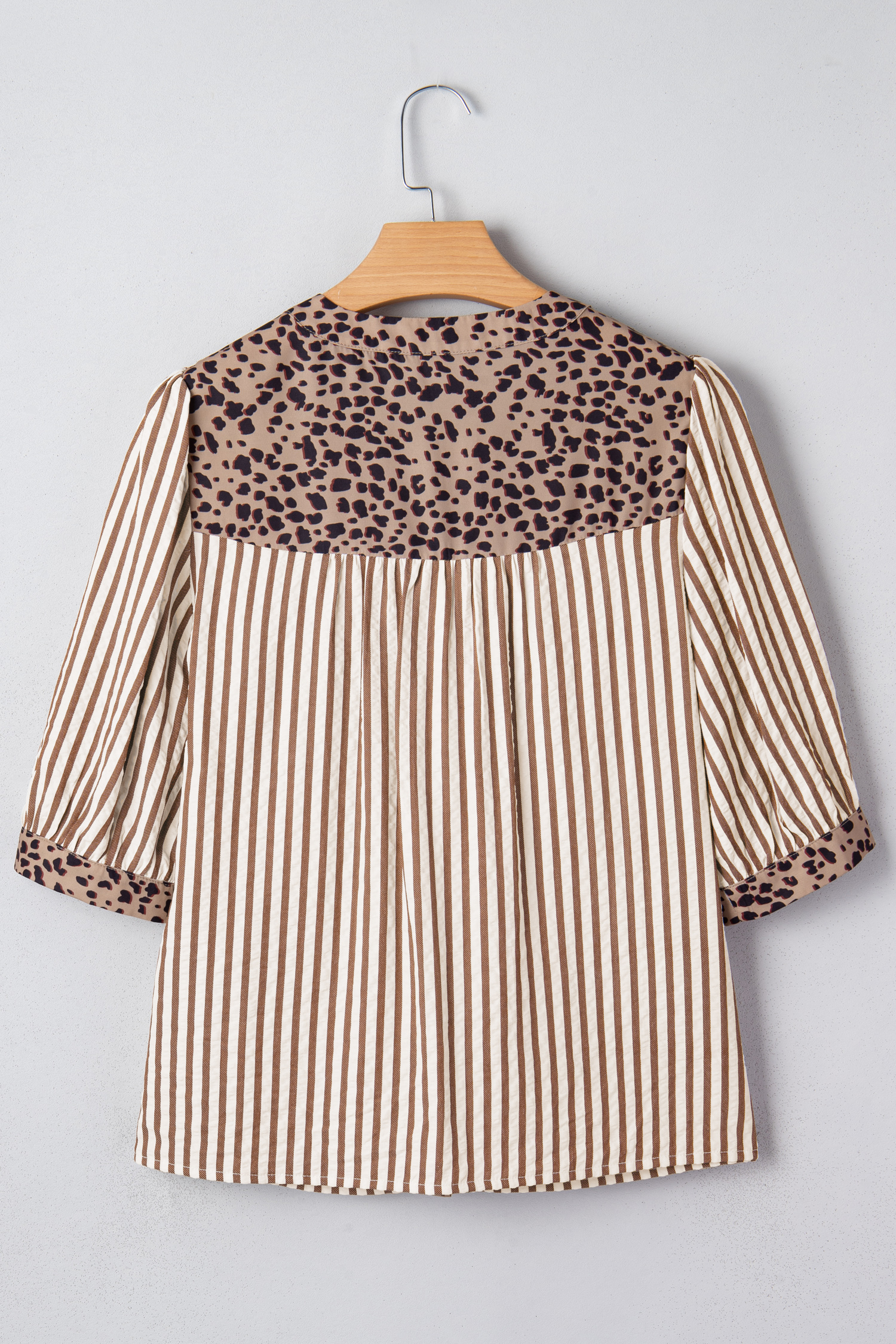 Sky Blue Stripe Leopard Trim V Neck Button Down Half Sleeve Shirt