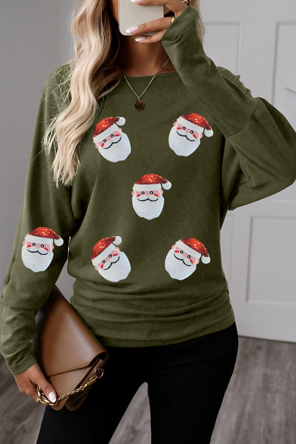 Four Leaf Clover Sequin Santa Claus Patched Dolman Long Sleeve Top