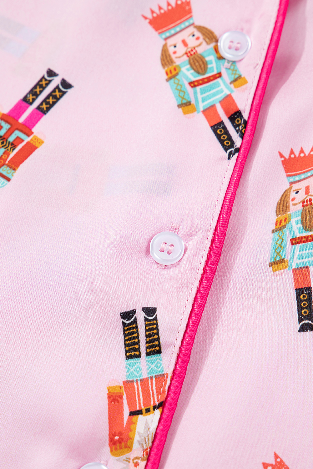 Pink Nutcracker Print Contrast Trim Tied up Bow Silky 2pcs Pajama Set