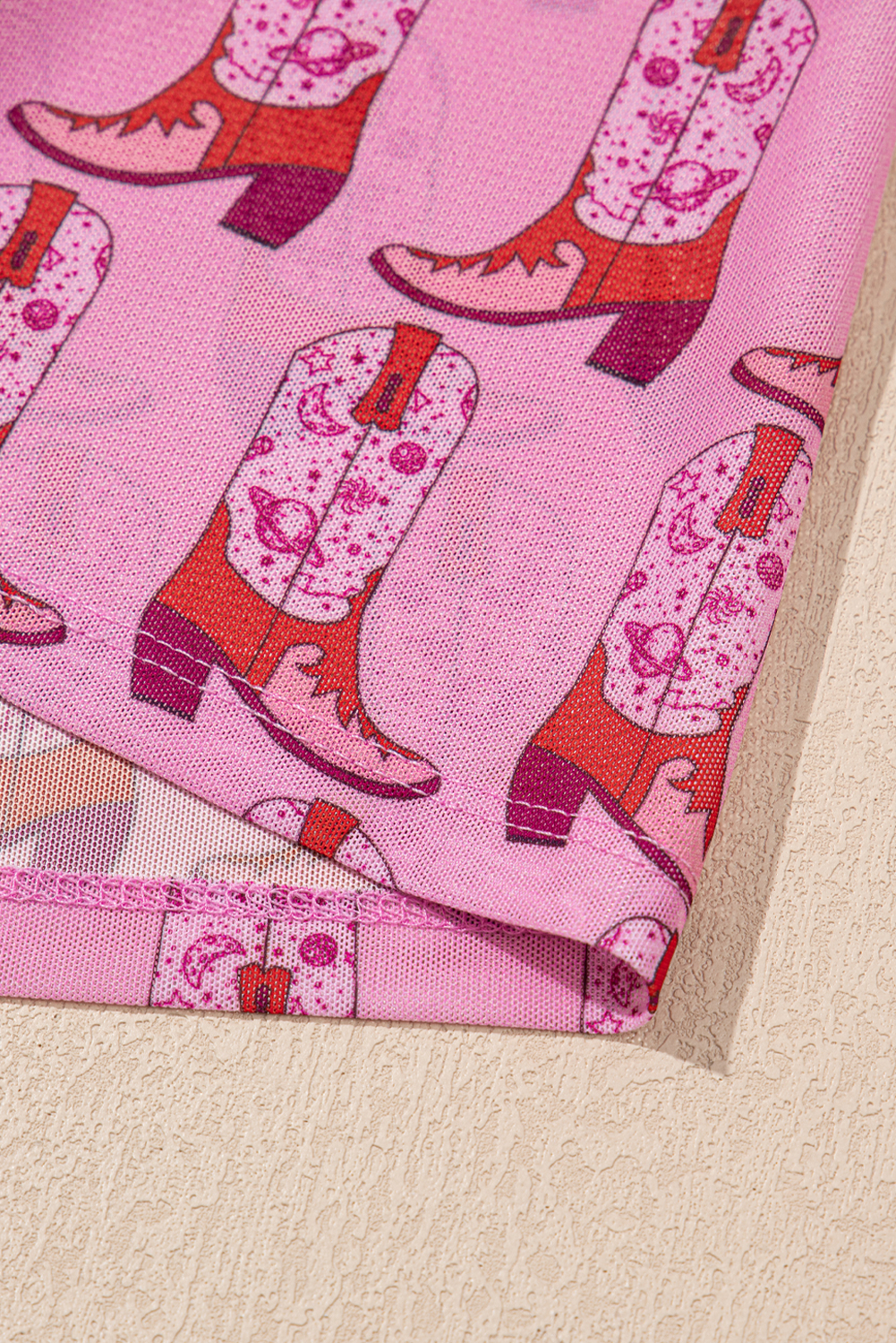 Pink Cowgirl Boots Printed Mock Neck Long Sleeve Mesh Top