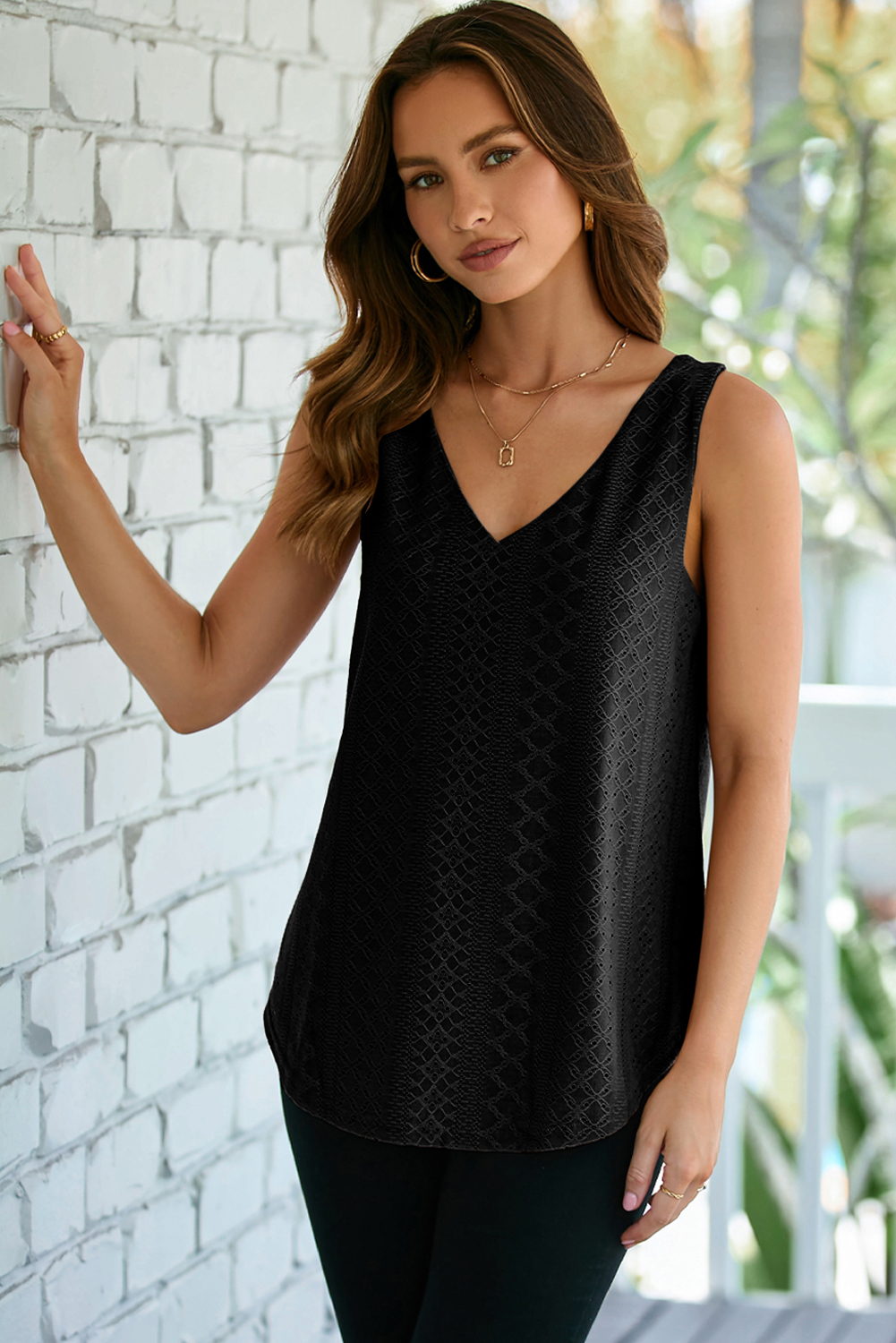 Coffee Eyelet Knit Patterned Loose V Neck Tank Top
