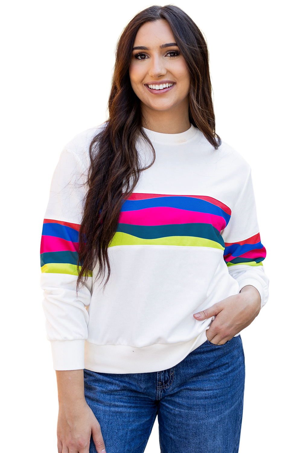White Plus Size Colorful Striped Drop Shoulder Loose Sweatshirt