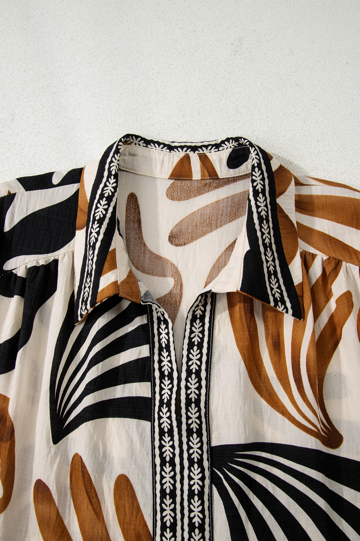 Brown Tropical Printed Contrast Trim Neck Long Sleeve Ruffle Hem Dress