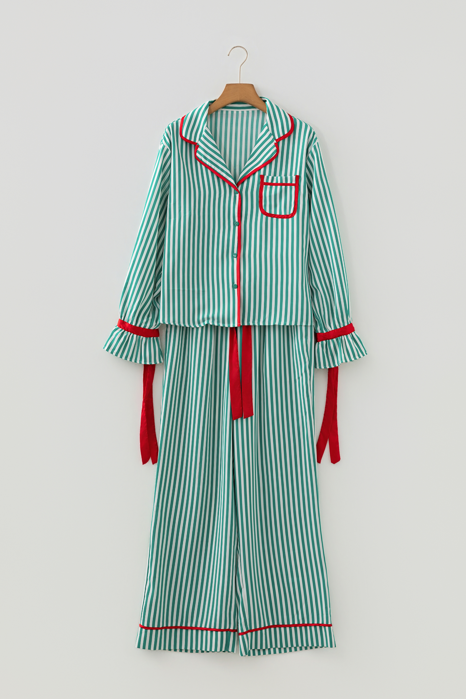 Red Stripe Contrast Velvet Trim Bow Knot Waist 2pcs Pajama Set