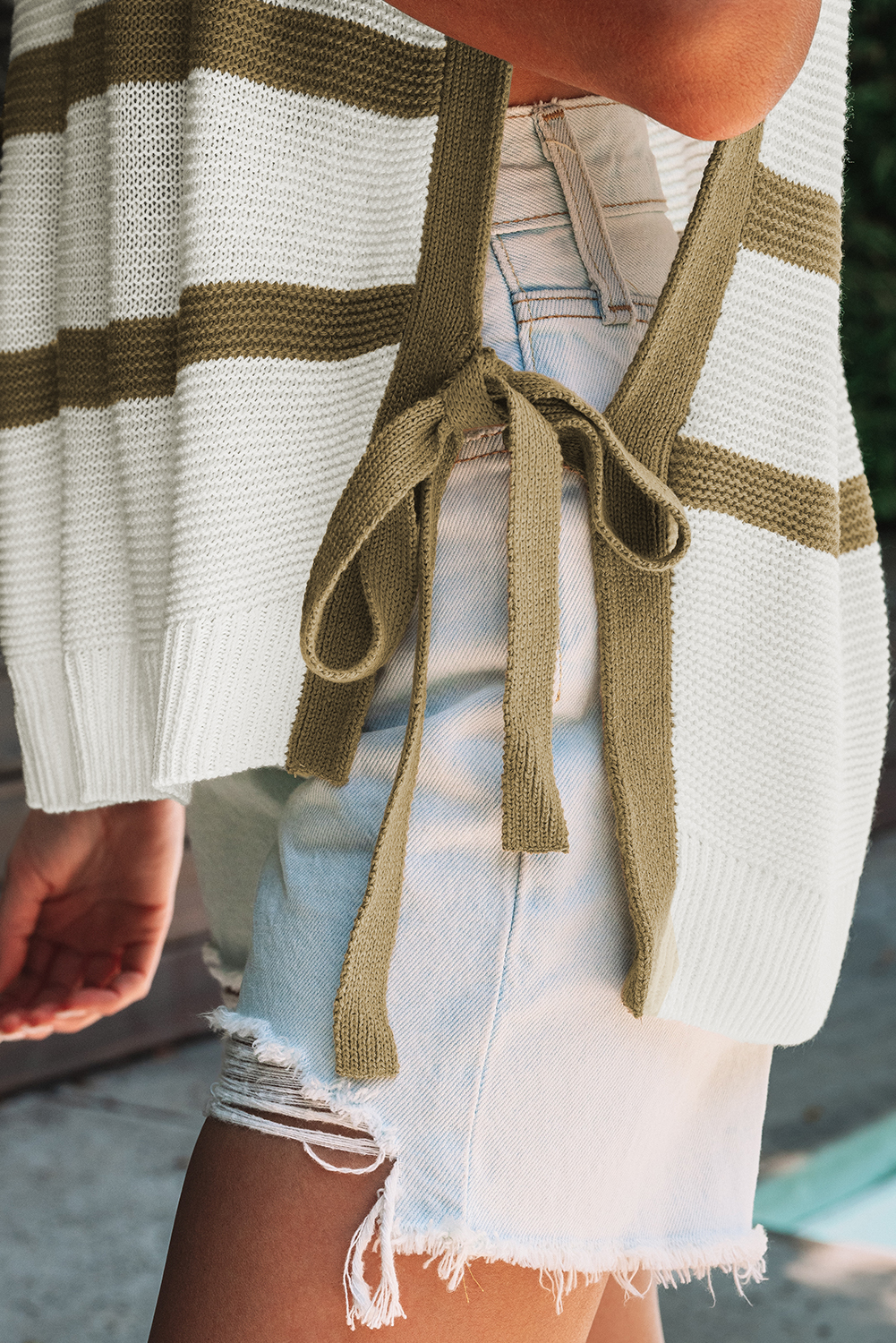 Khaki Stripe Tie Open Side Sweater Knitted Top