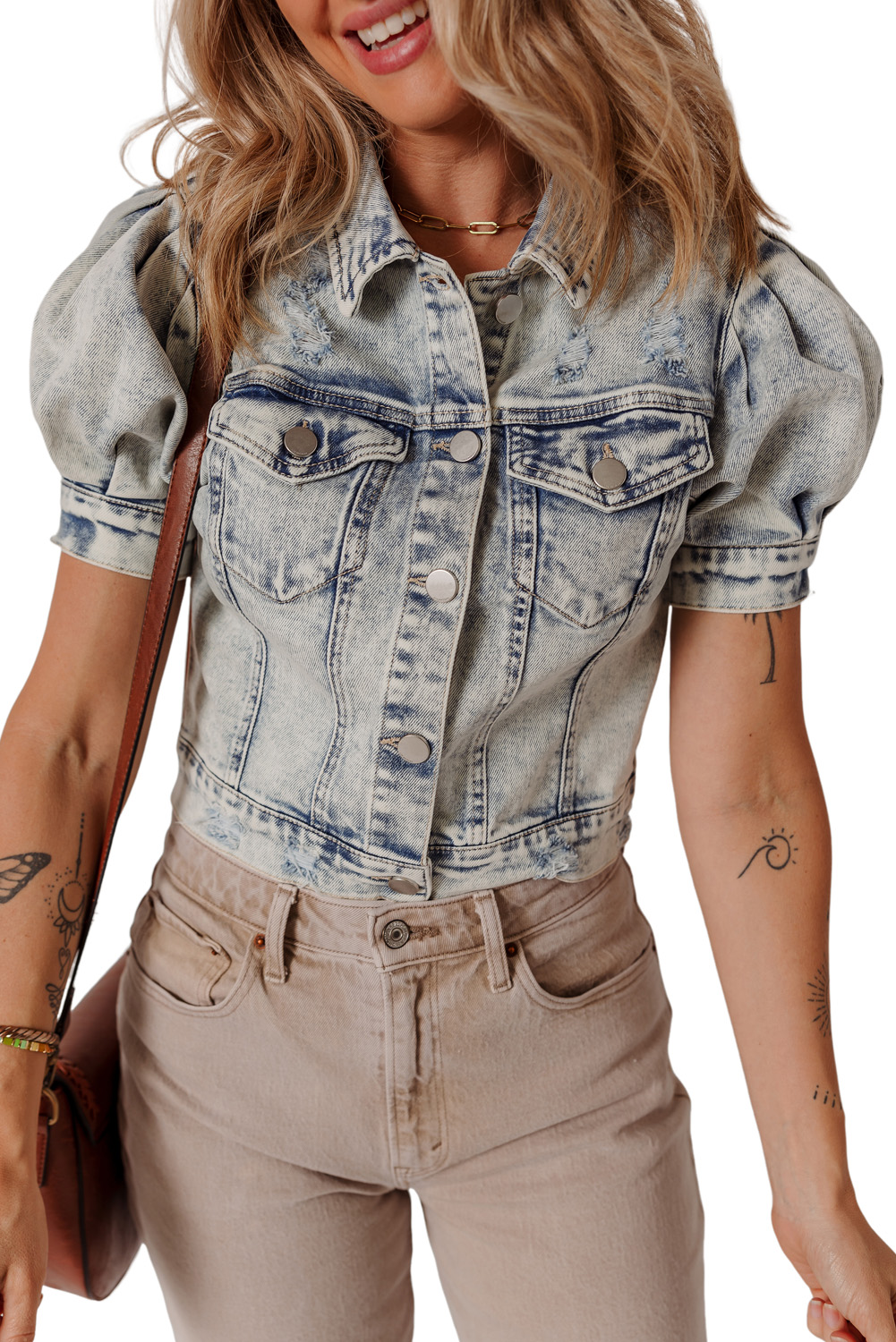 Beau Blue Light Wash Buttoned Chest Pocket Puff Sleeve Denim Jacket