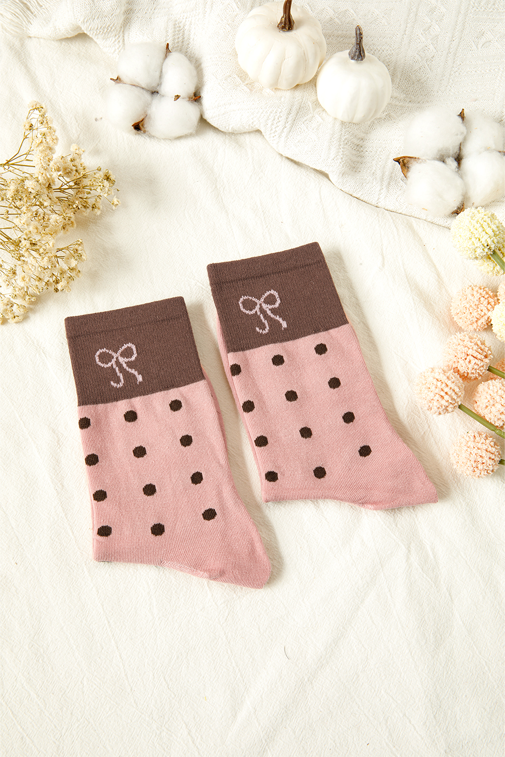 Blossom 1 Pairs Polka Dot Print Contrast Bow Block Socks