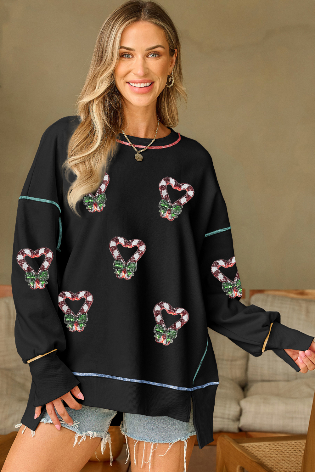 Black Christmas Candy Cane Heart Sequin Patch Graphic Contrast Seam Baggy Sweatshirt