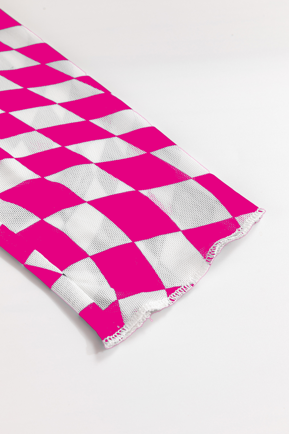 Khaki Checkered Pattern Mesh Mock Neck Long Sleeve Top