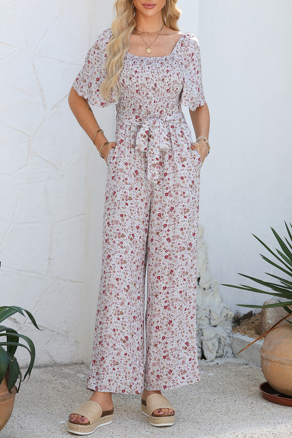 White Smocked Short Sleeve Wide Leg Floral Print Jumpsuit
