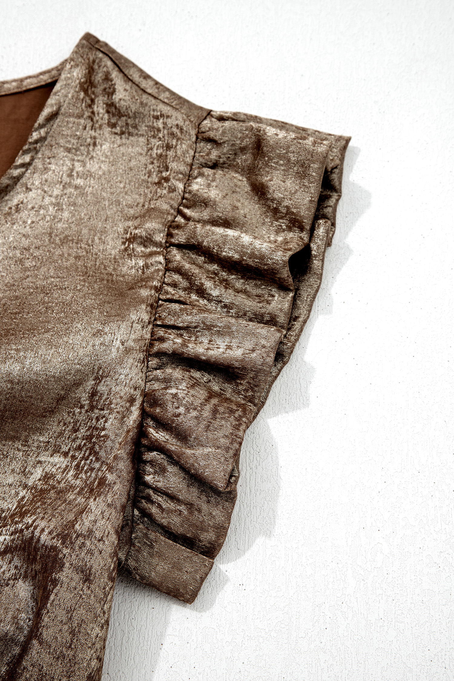 Apricot Metallic Round Neck Smocked Long Sleeve Blouse