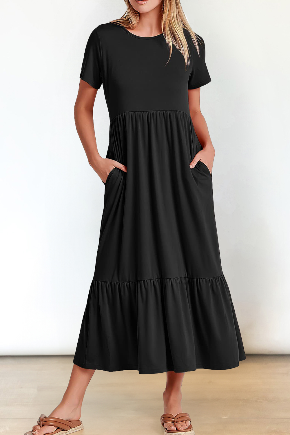 Black Solid Color T-shirt High Waist Pocketed Long Dress