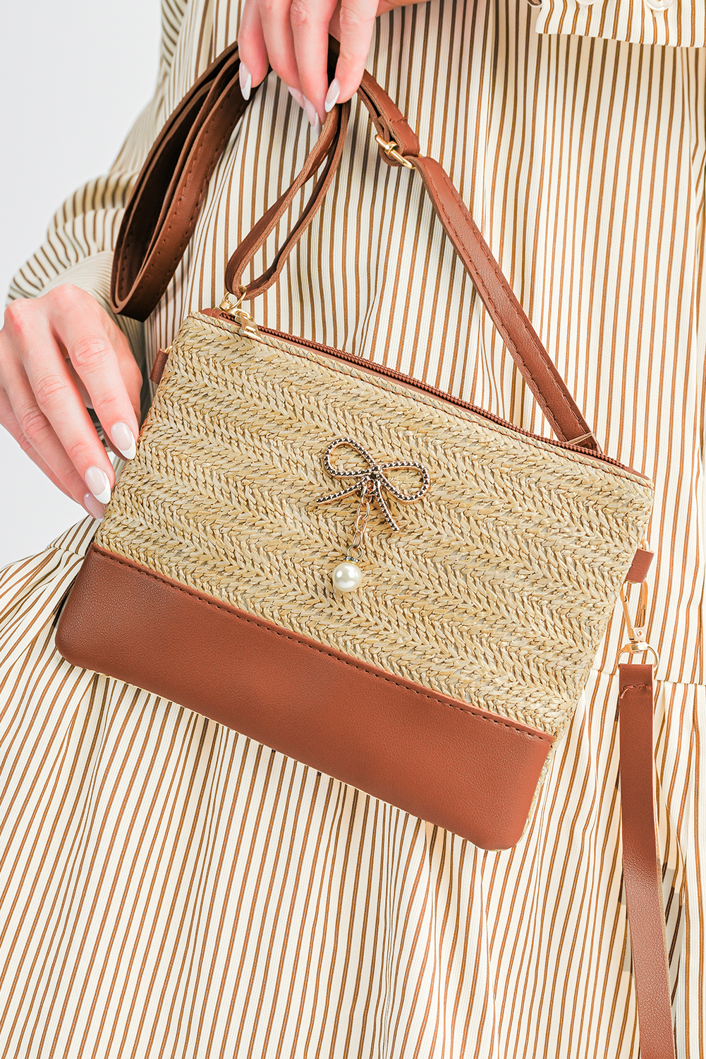 Beige Bow Pearl Decor Straw PU Leather Patched Crossbody Bag