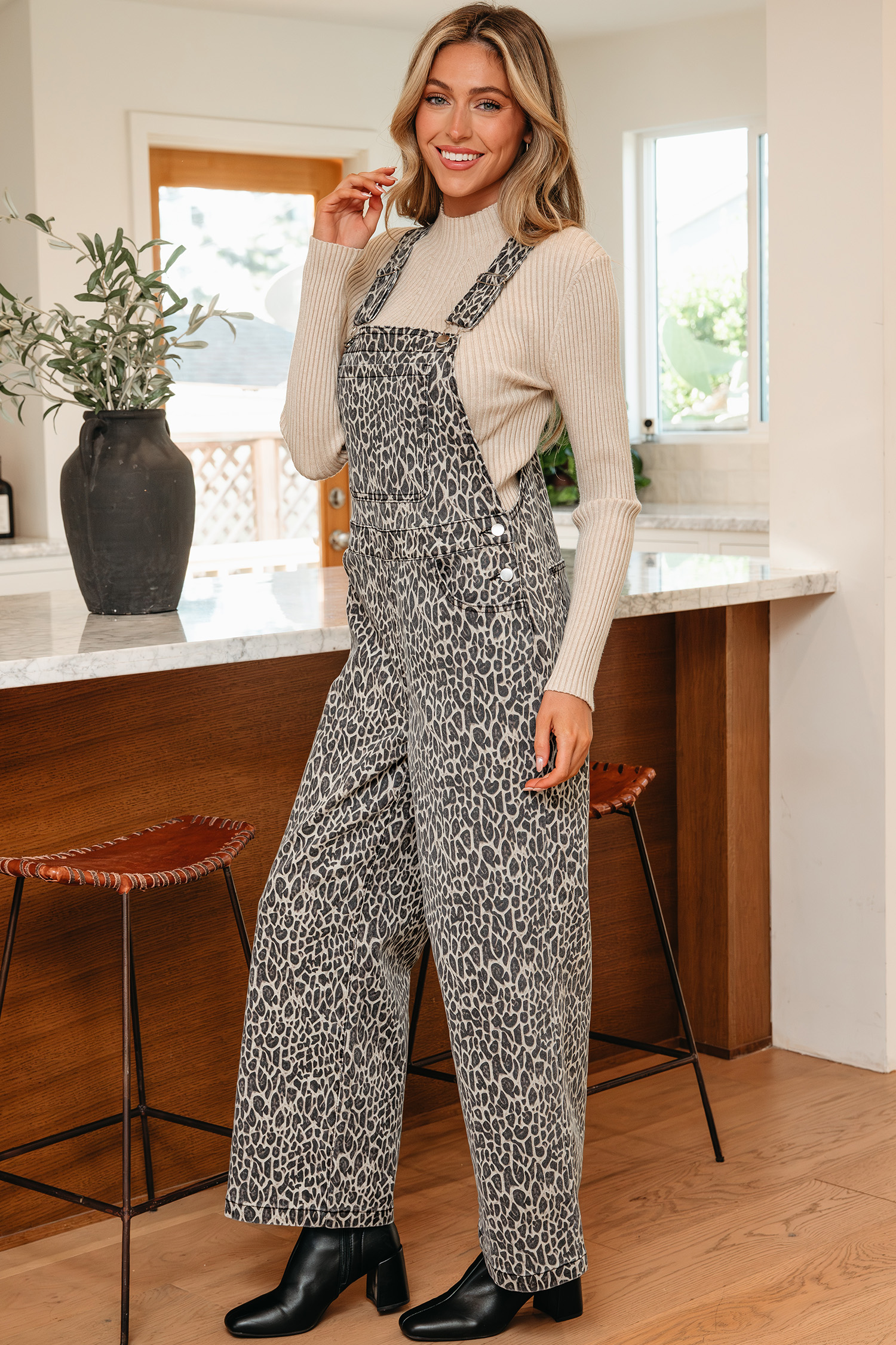 Brown  Leopard Print Straight Leg Loose Denim Overall Jumpsuit