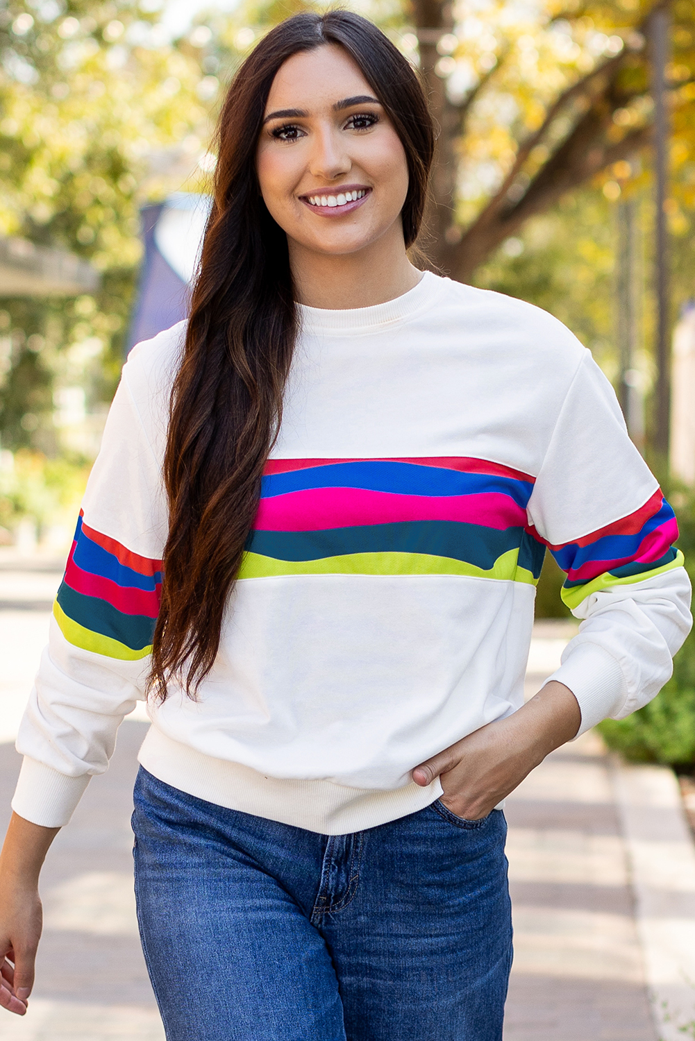 White Plus Size Colorful Striped Drop Shoulder Loose Sweatshirt
