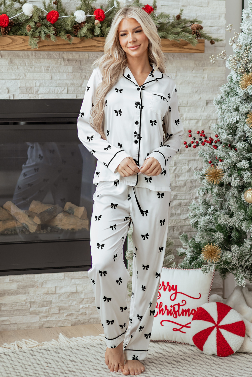 White Bows Print Two Piece Sleepwear