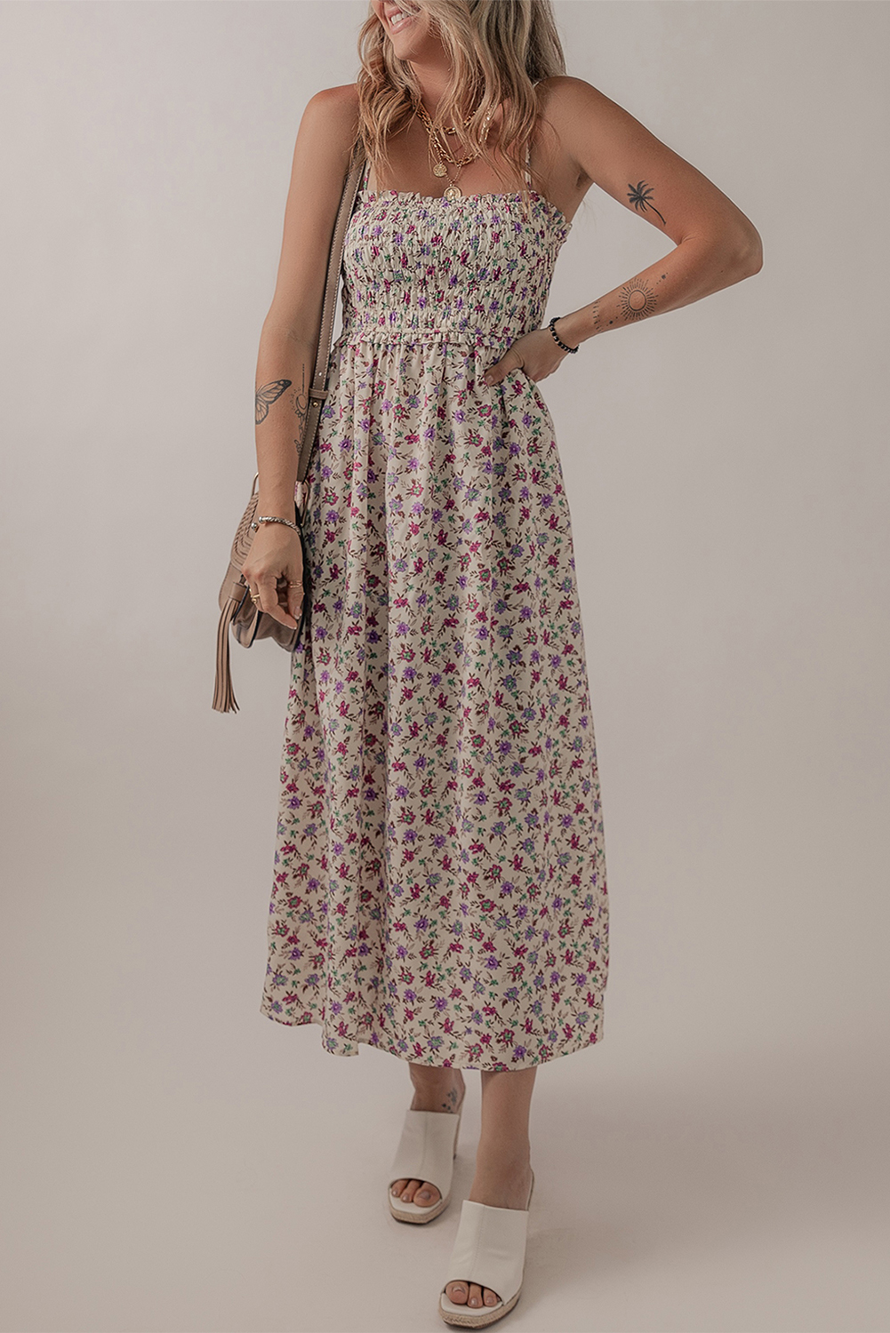 Multicolour Bohemian Ditsy Floral Smocked Fit Flare Sundress