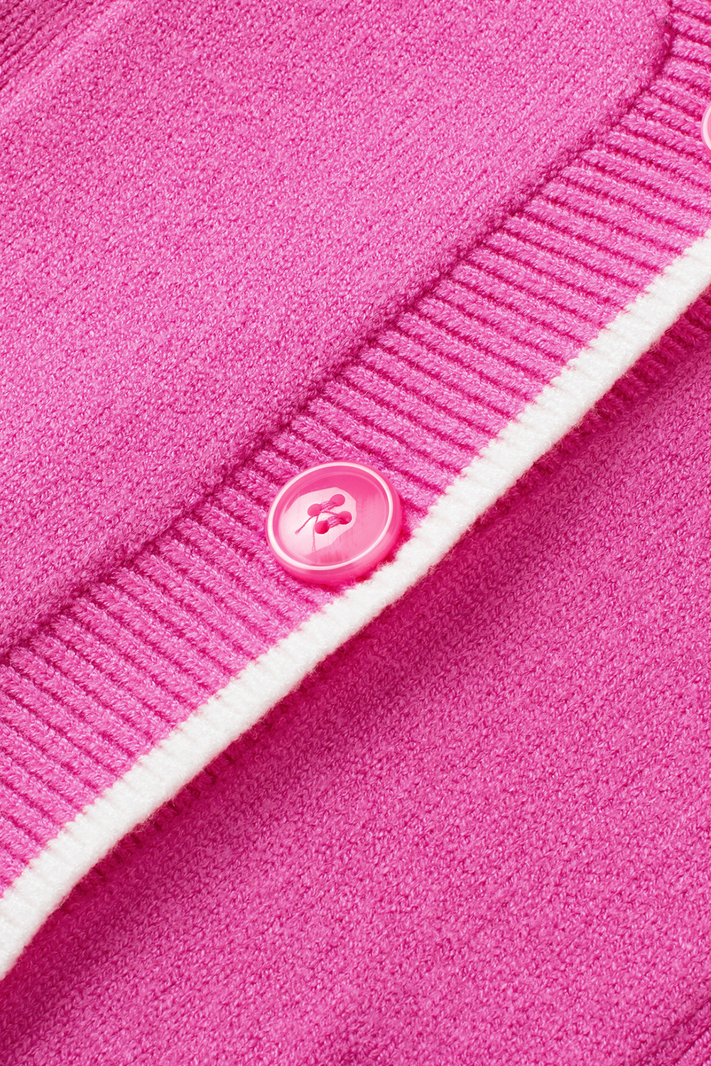 Bright Pink Color Contrast Side Pockets Button V Neck Cardigan