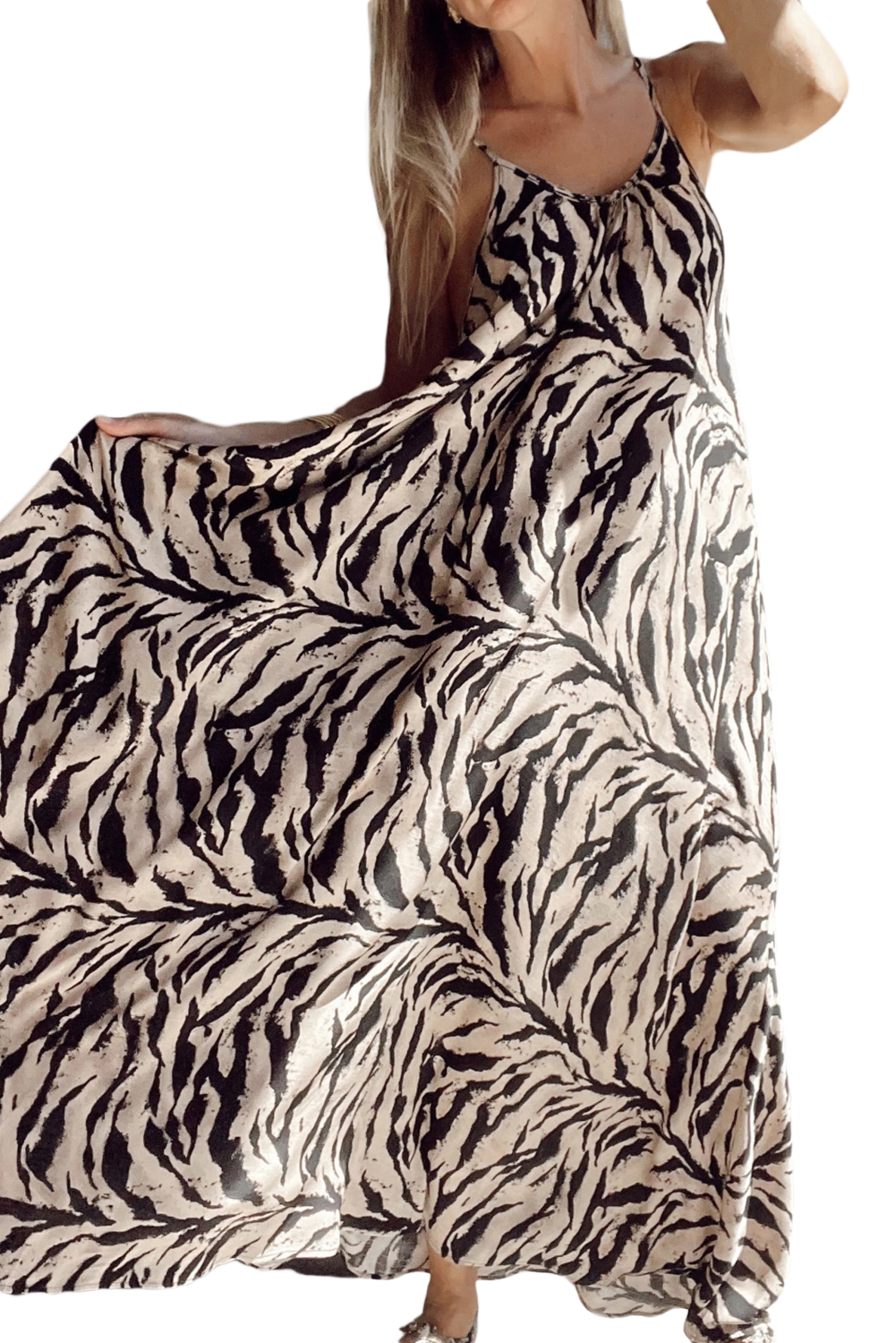 Black Abstract Print Open Back Boho Loose Maxi Sundress