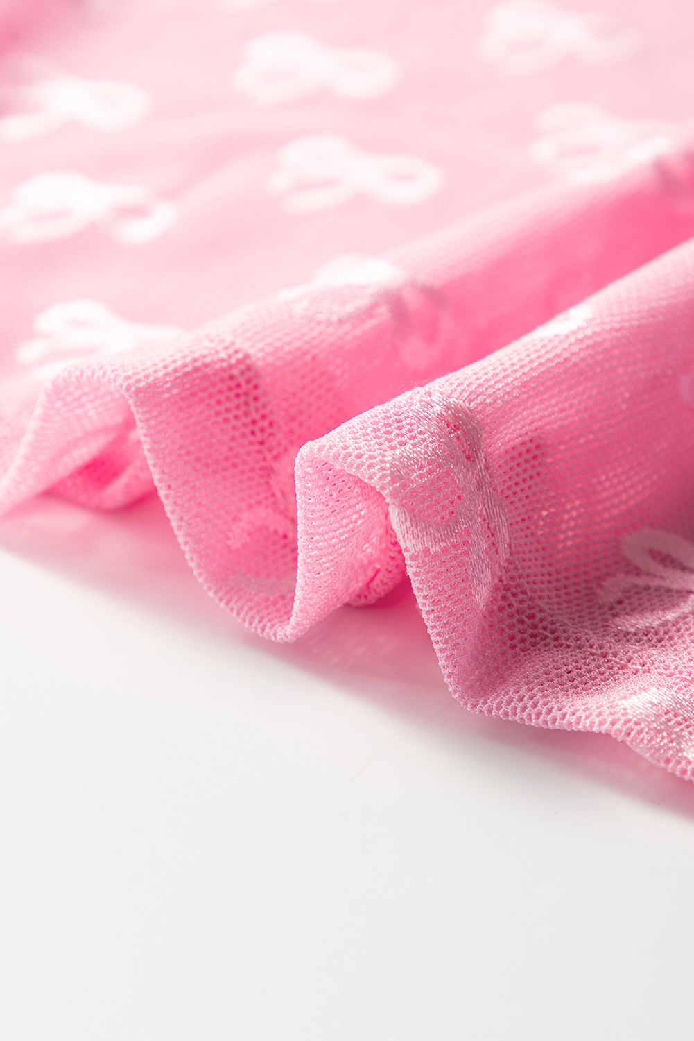 Pink Round Neck Bow Print Long Sleeve Mesh Top