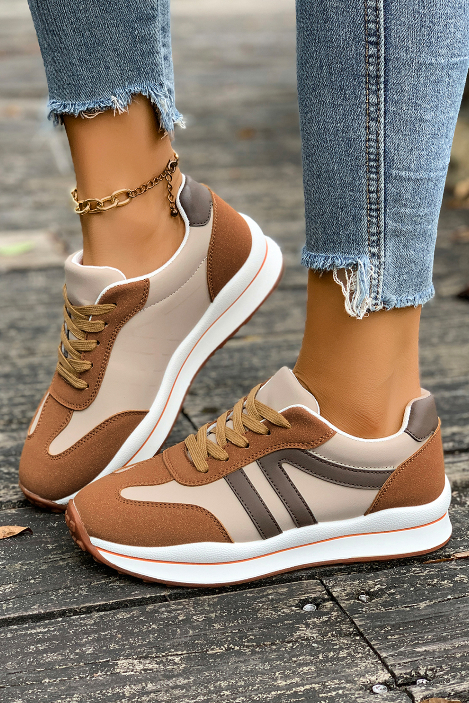 Brown Varsity Color Block Patchwork Lace-up PU Leather Sneakers