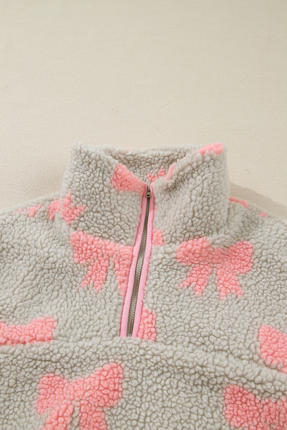 Gray Bow Sherpa Quarter Zip Drop Shoulder Baggy Sweatshirt