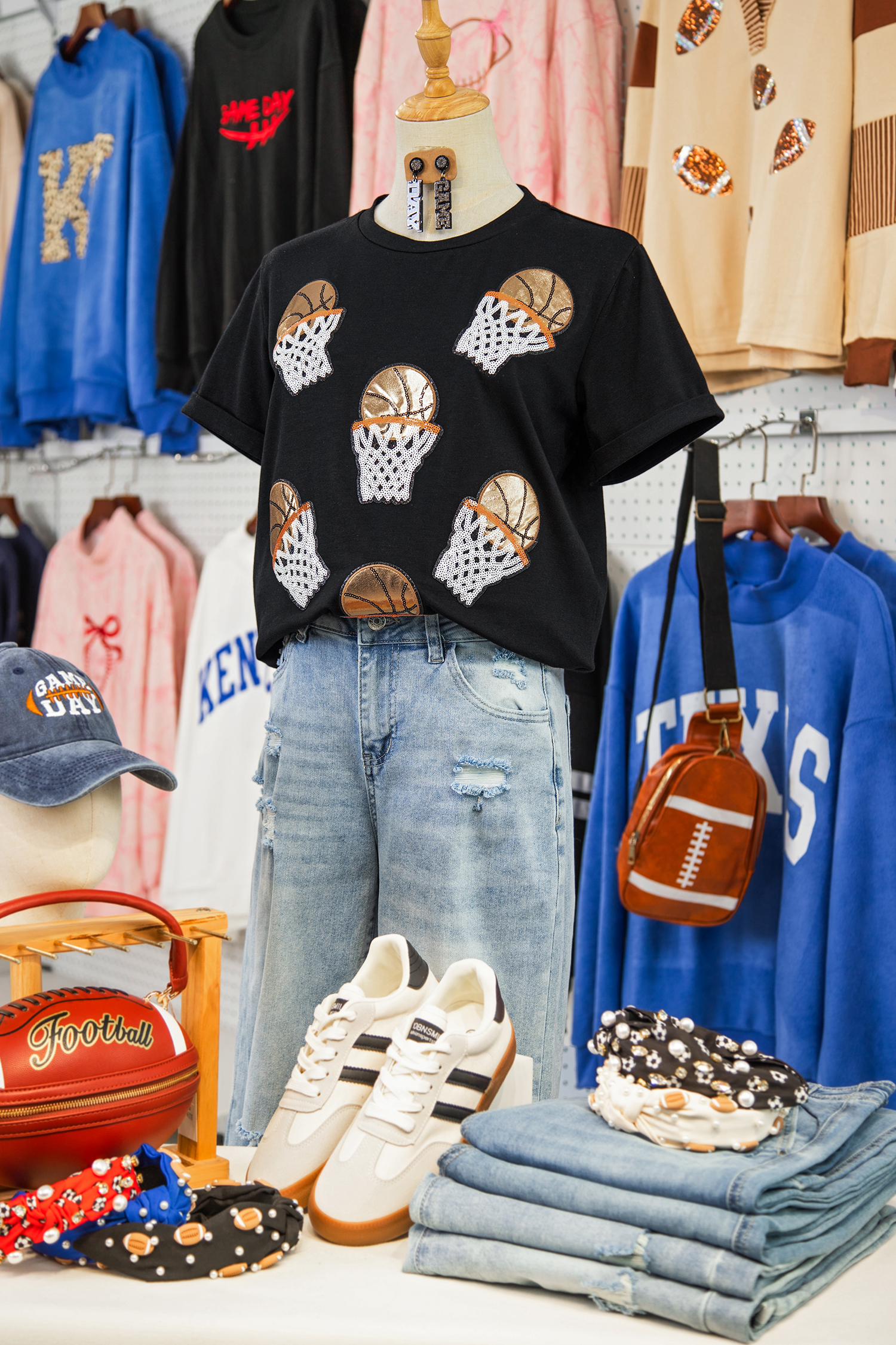 Black Sequin Basketball Patched Graphic Game Day T Shirt