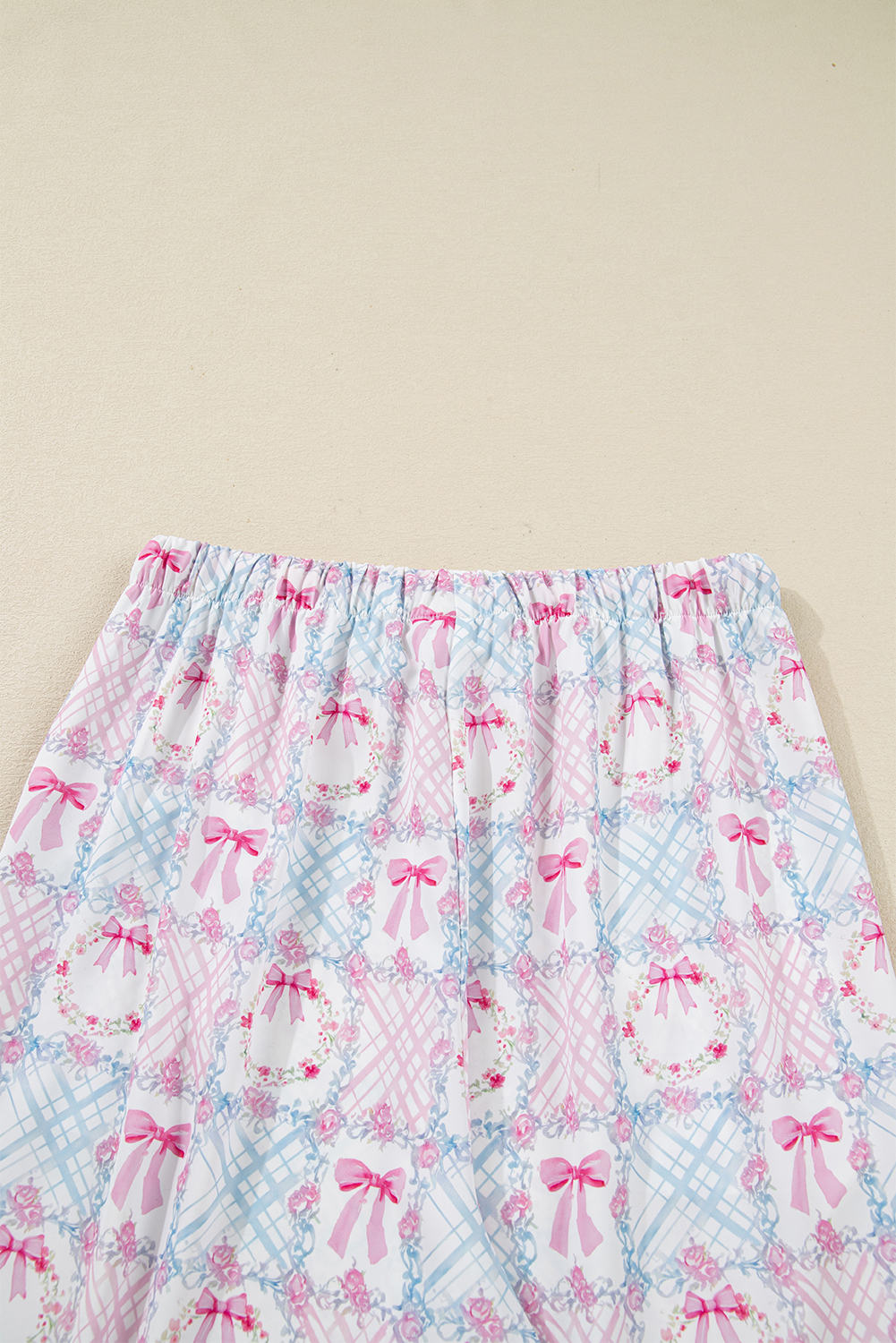 Pink Bow Wreath Pattern Christmas Holiday Tied Front Long Sleeve 2pcs Pajama Set