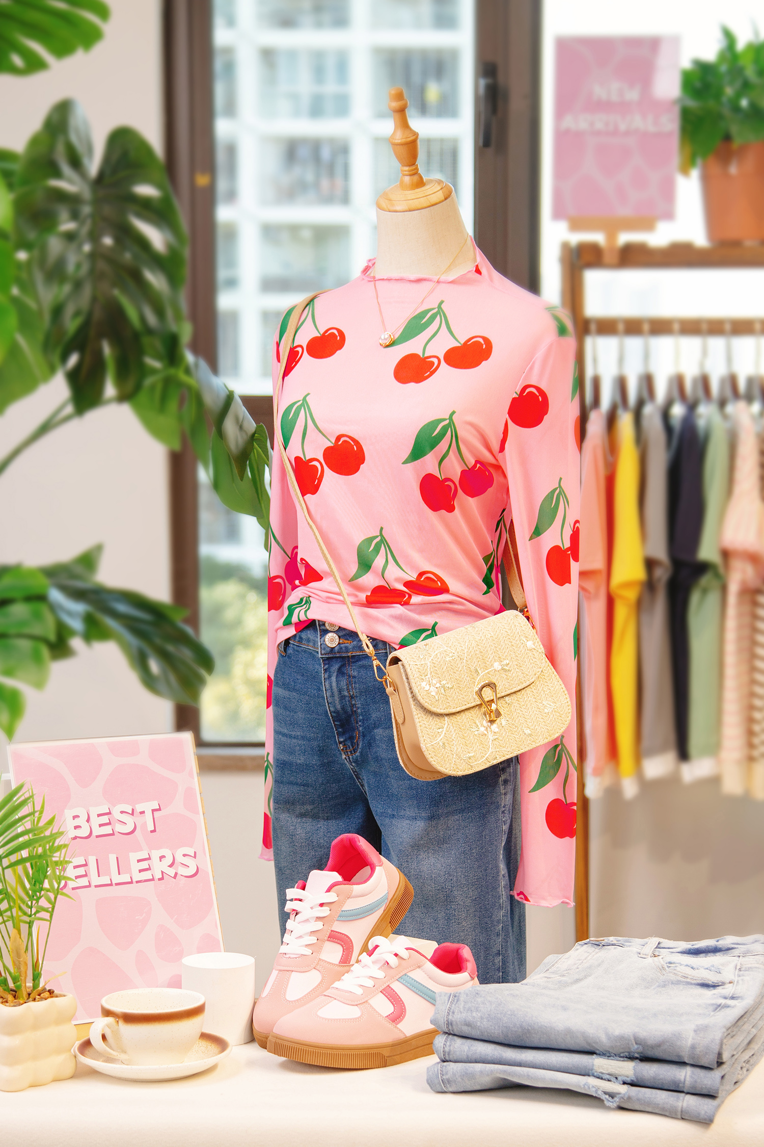 Pink Cherry Print Lettuce Trim Long Sleeve Mesh Top