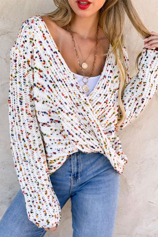 White Confetti Rib Knit Long Sleeve Cardigan