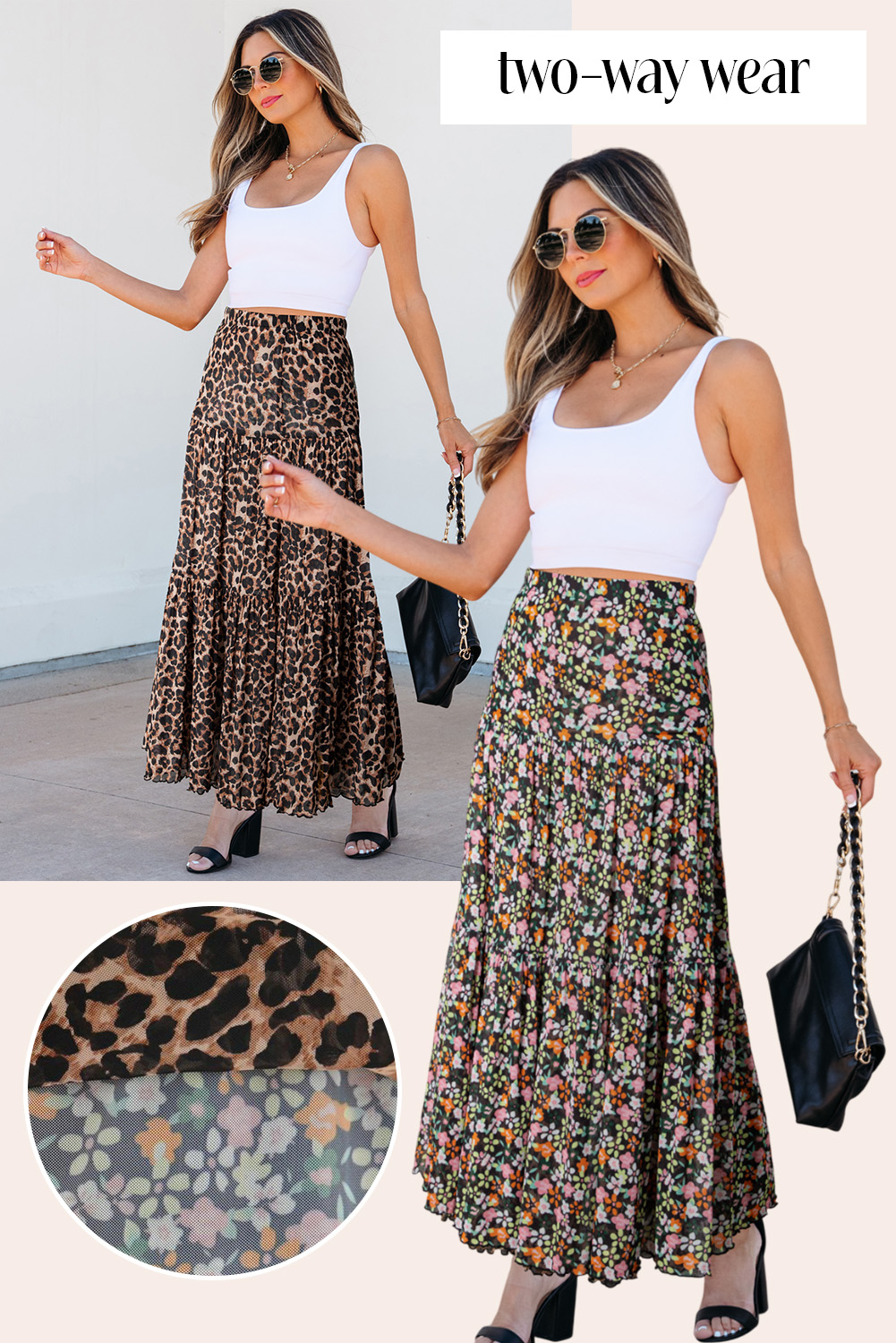Brown Leopard Floral Reversible Ruffle Hem Maxi Skirt
