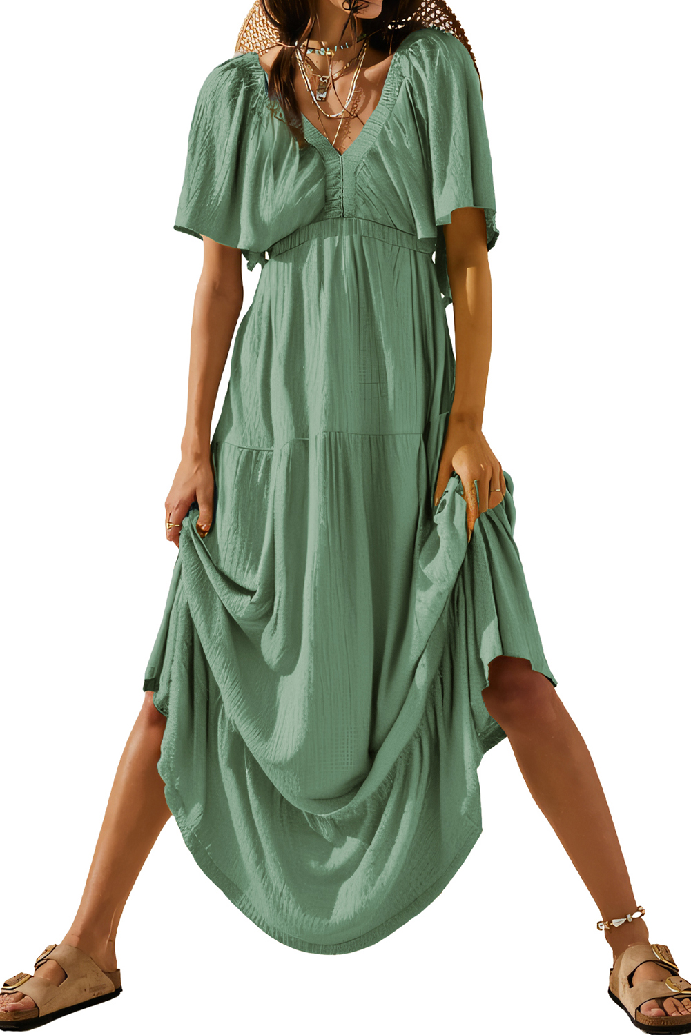 Grass Green Textured V Neck Flutter Sleeve Ruffled Maxi Dress