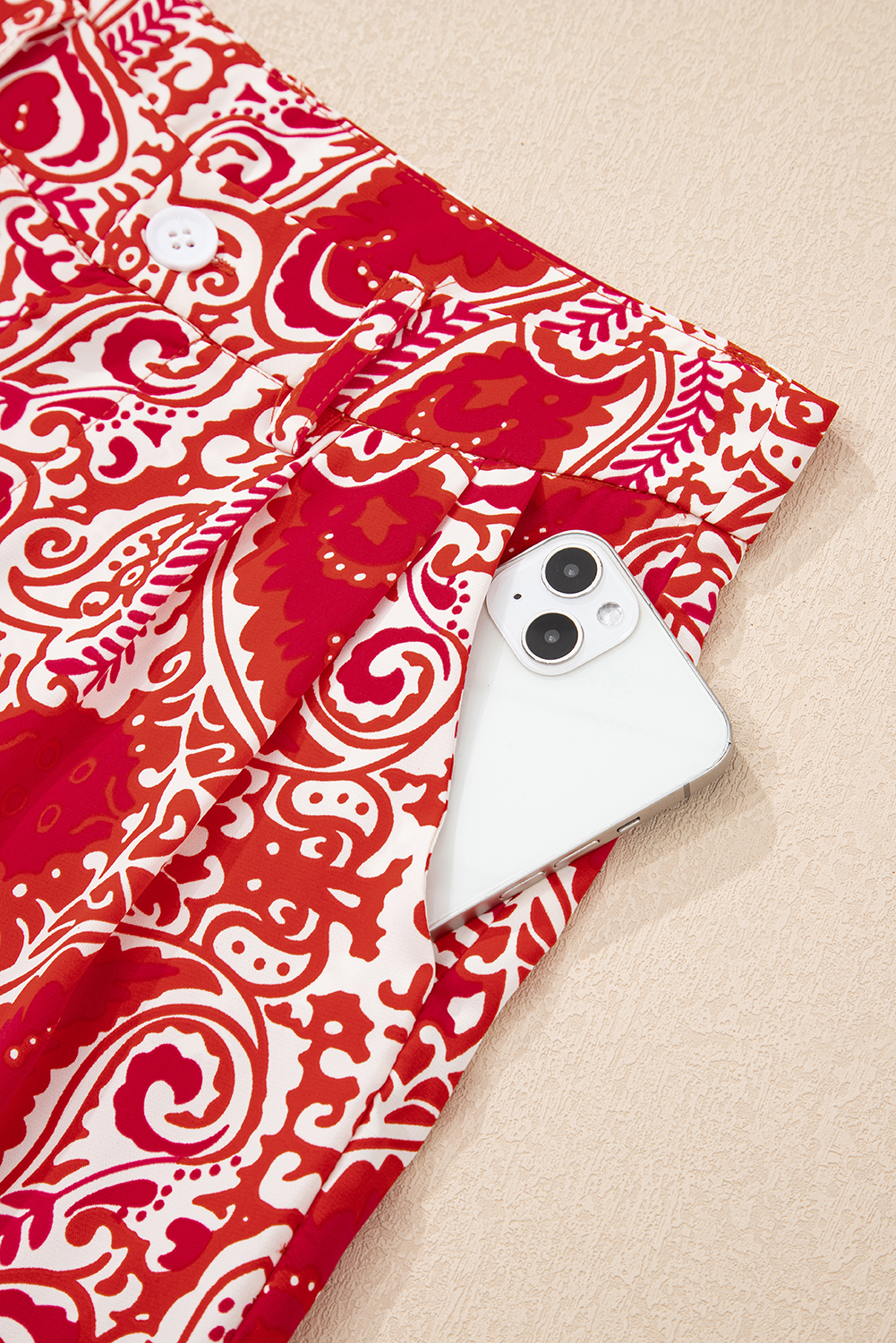 Red Paisley Printed Buttoned High Waist Straight Leg Pants