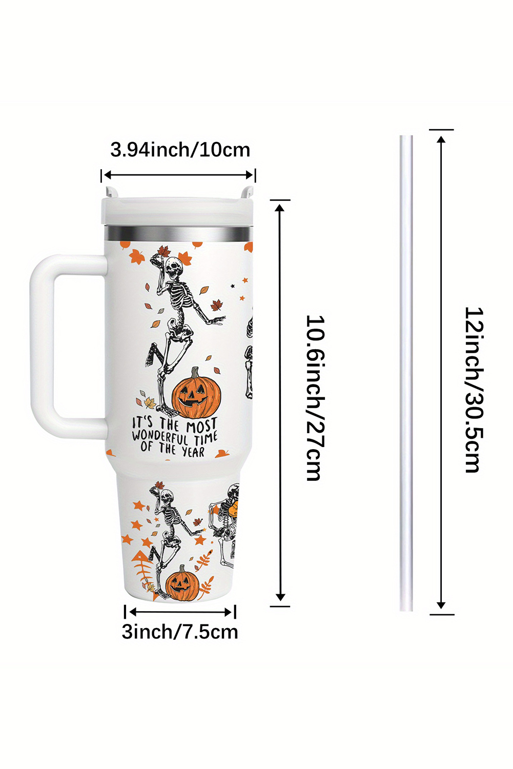 White 1200ml Halloween Dancing Skeleton Pumpkin Face Printed Thermos Cup