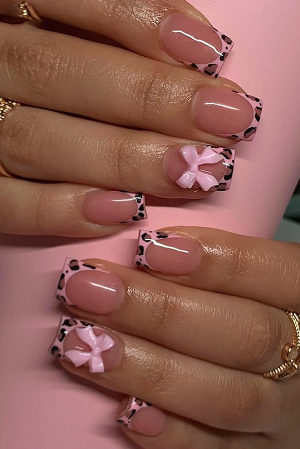 Pink Bow Decor Leopard Trim Nail Stickers