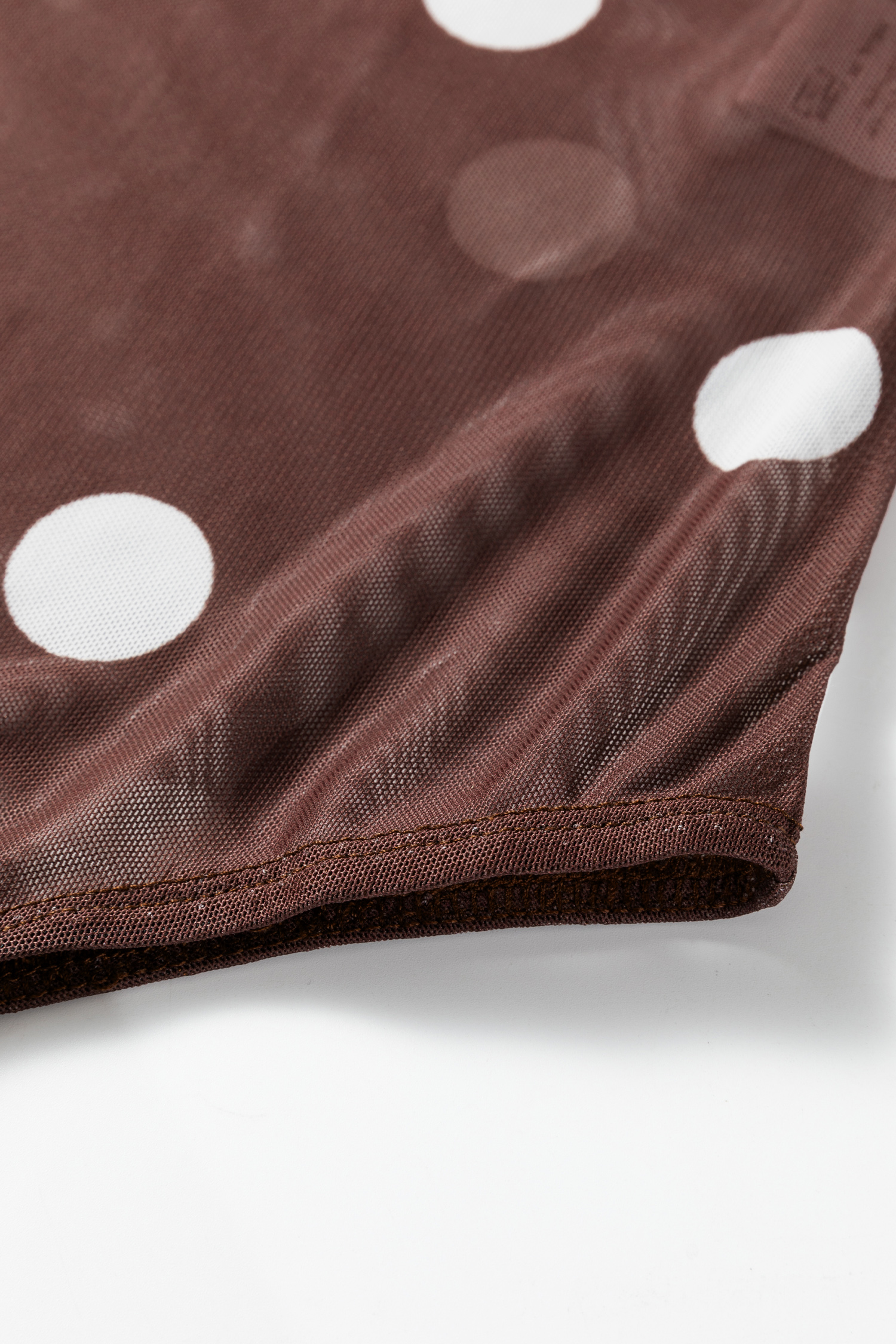 Brown Vintage Polka Dot Print Mesh Long Sleeve Bodysuit