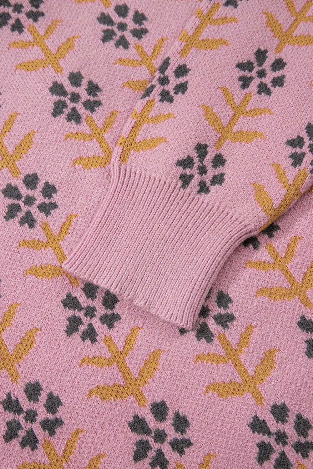 Pink Floral Button Down Ribbed Banded Cardigan Sweater