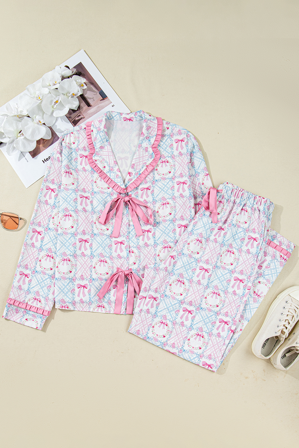 Pink Bow Wreath Pattern Christmas Holiday Tied Front Long Sleeve 2pcs Pajama Set